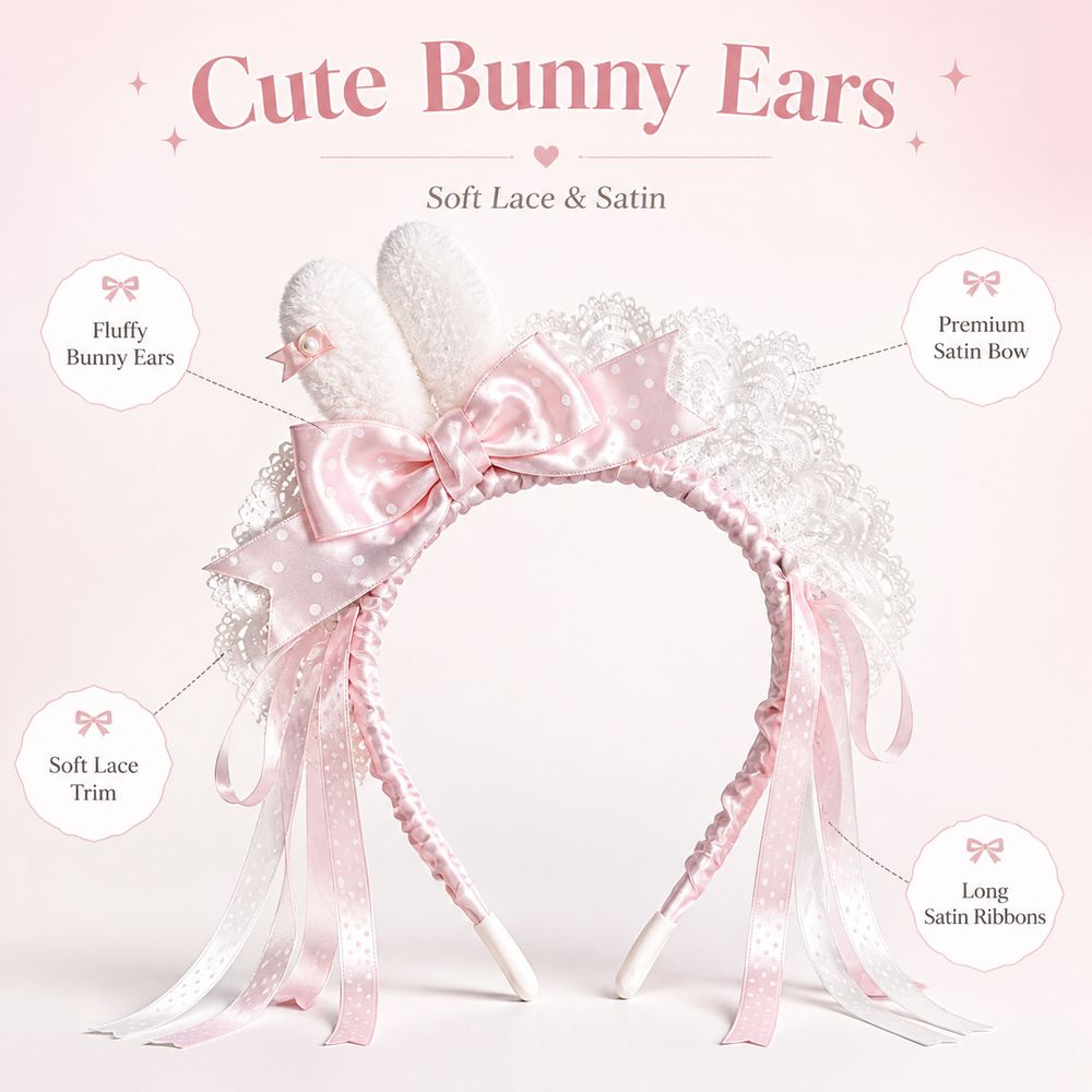 Lace Ribbon Trim - ربطة شعر جديدة بتصميم أذن أرنب